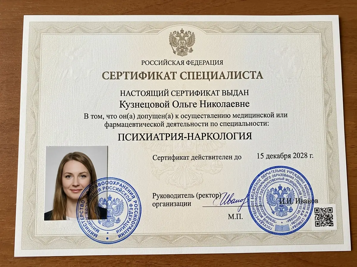 Сертификат специалиста психиатра-нарколога, документ государственного образца с фотографией и подписью, официальная печать медицинской организации