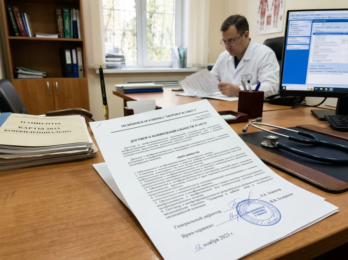 Договор о конфиденциальности медицинской клиники, официальный документ с печатью, стол врача с документами и папками, деловая обстановка
