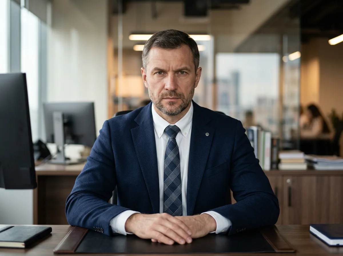 Аватар мужчины Михаила, 43 года, строгий вид, деловая обстановка, нейтральный фон